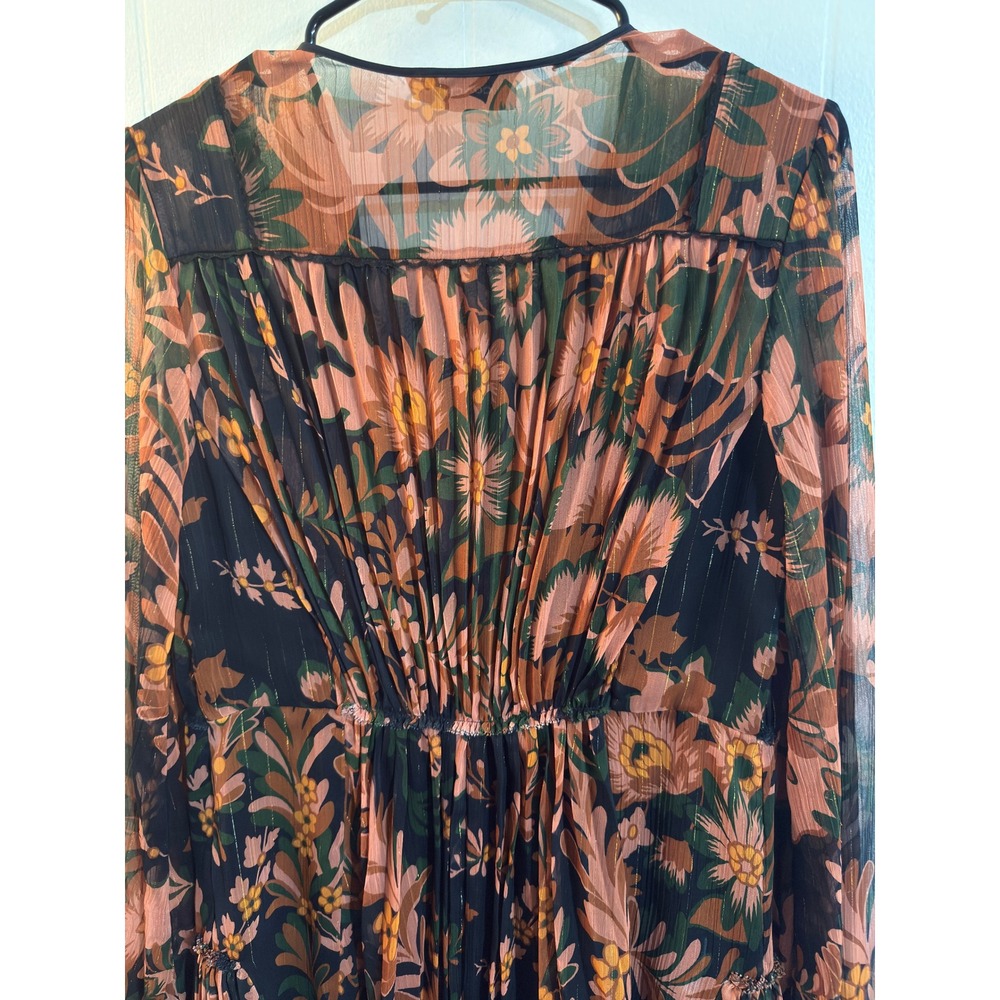 Coach 1941 Flowy Floral Pleated Dress w Tie Front Sz 4 Black Gold Metallic Boho - Picture 5 of 12